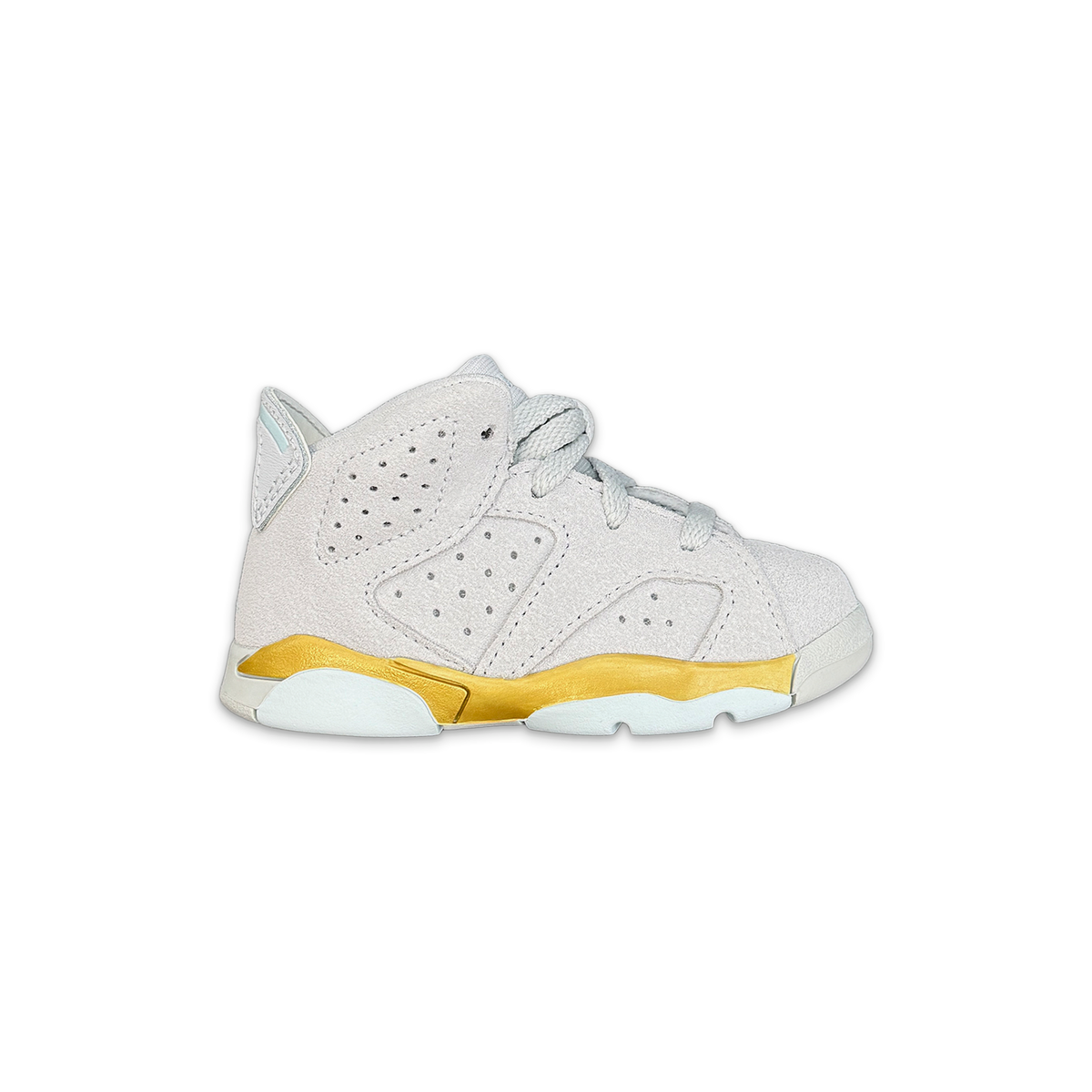 Toddler Air Jordan 6 retro sneaker with white leather upper and yellow outsole trim
