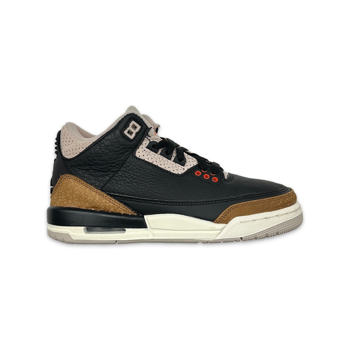 Kids Air Jordan 3 Retro sneaker with black leather, tan accents, and light elephant-print panel