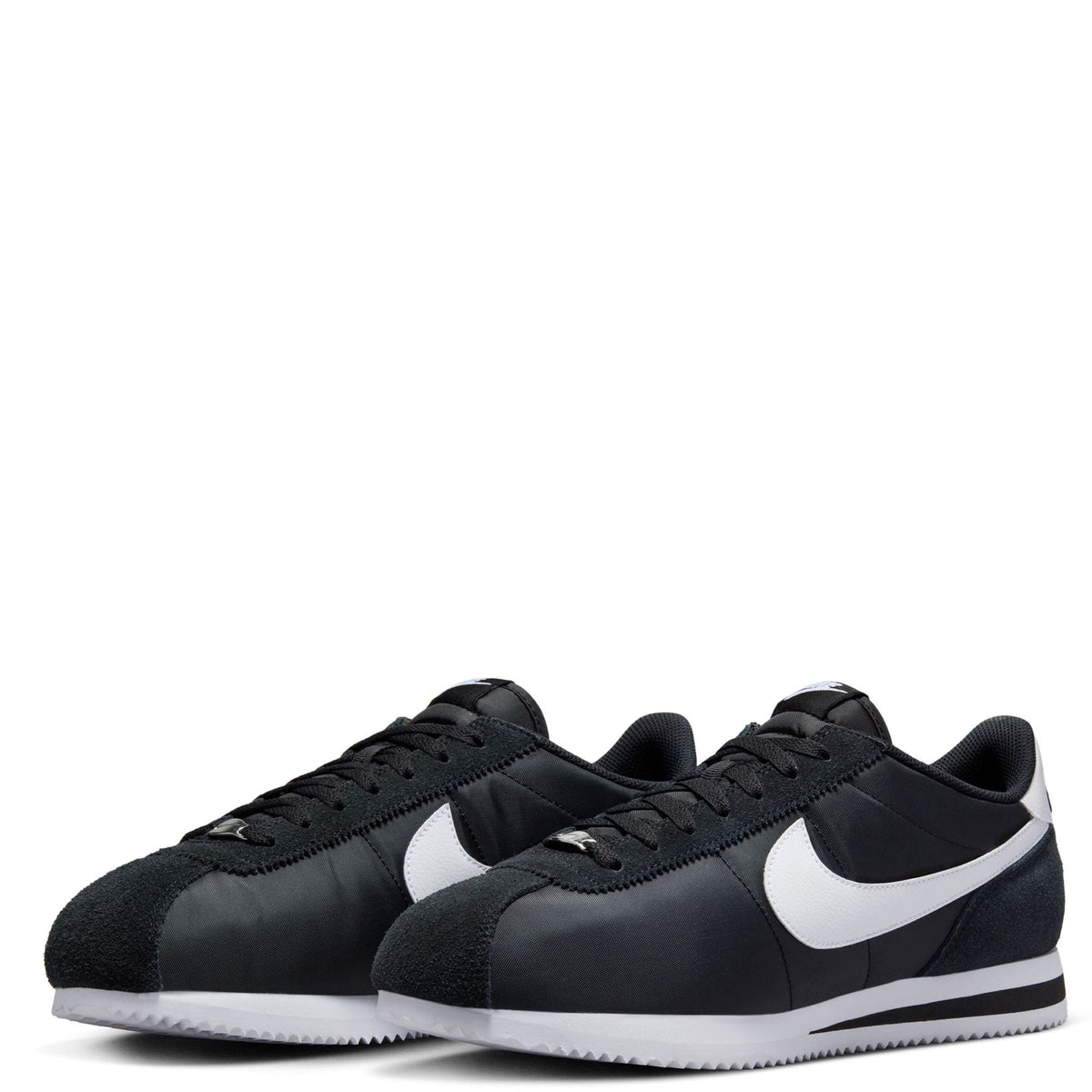 Men's Nike Cortez TXT sneakers, black uppers with white swoosh, lace-up pair