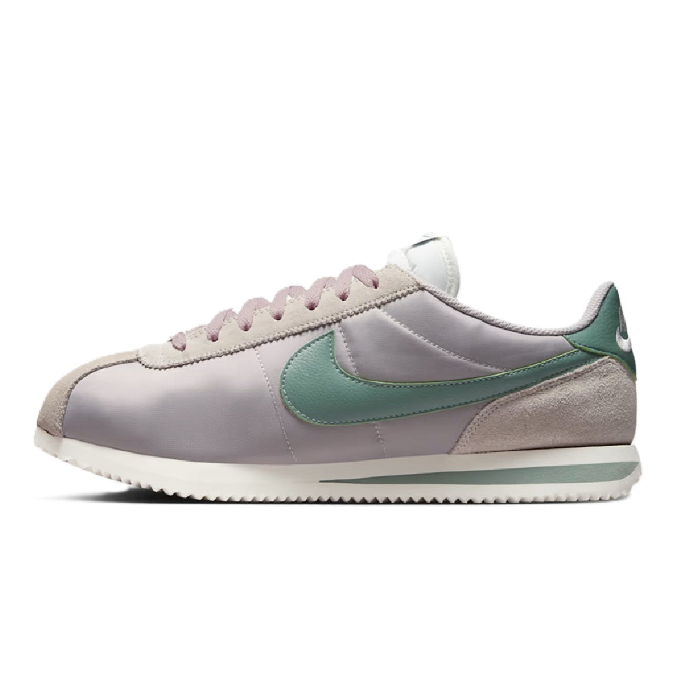Men's Nike Cortez TXT sneakers, grey leather with green Swoosh and white laces