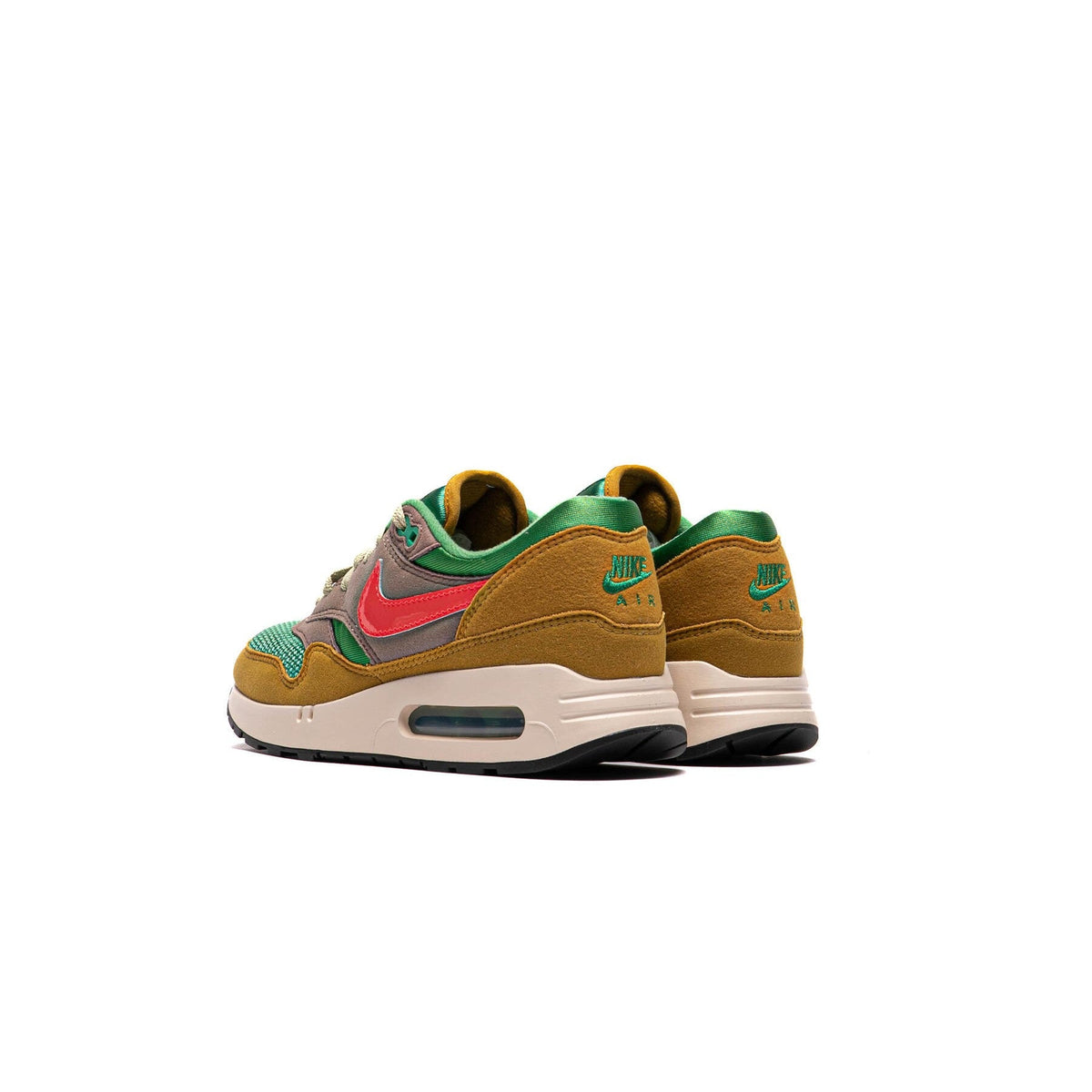 Air Max 1 PRM sneakers, heel view; green lining, brown suede, white midsole with air window