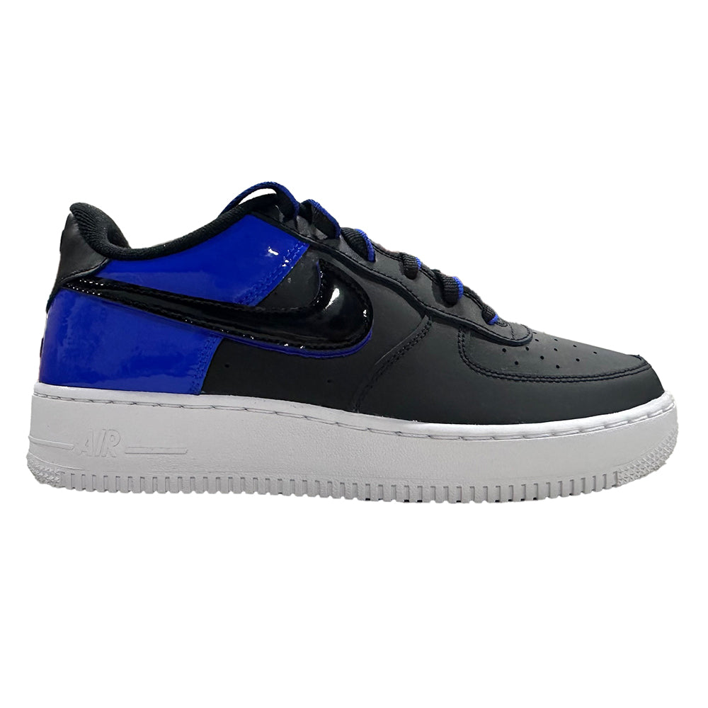 Big kid's Nike Air Force 1 LV8 sneaker in black with racer blue panels and white sole.