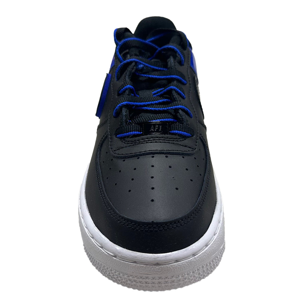Big kid's Nike Air Force 1 LV8 lace-up sneaker with black leather and racer blue accents.