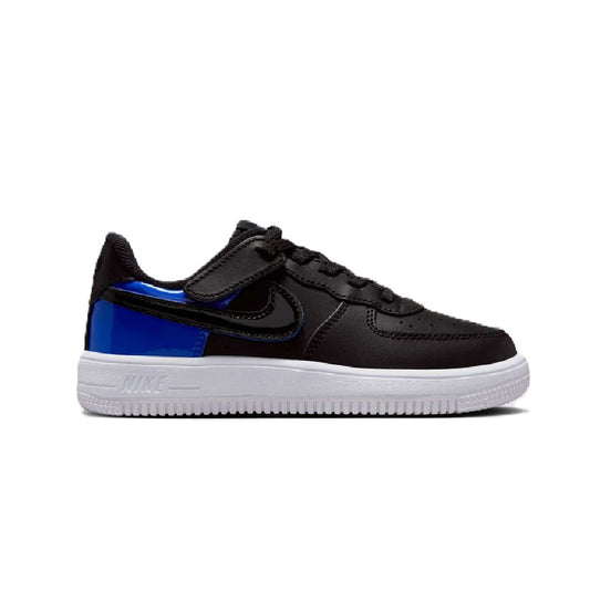 Nike Force 1 low-top sneakers with black upper and racer-blue accents