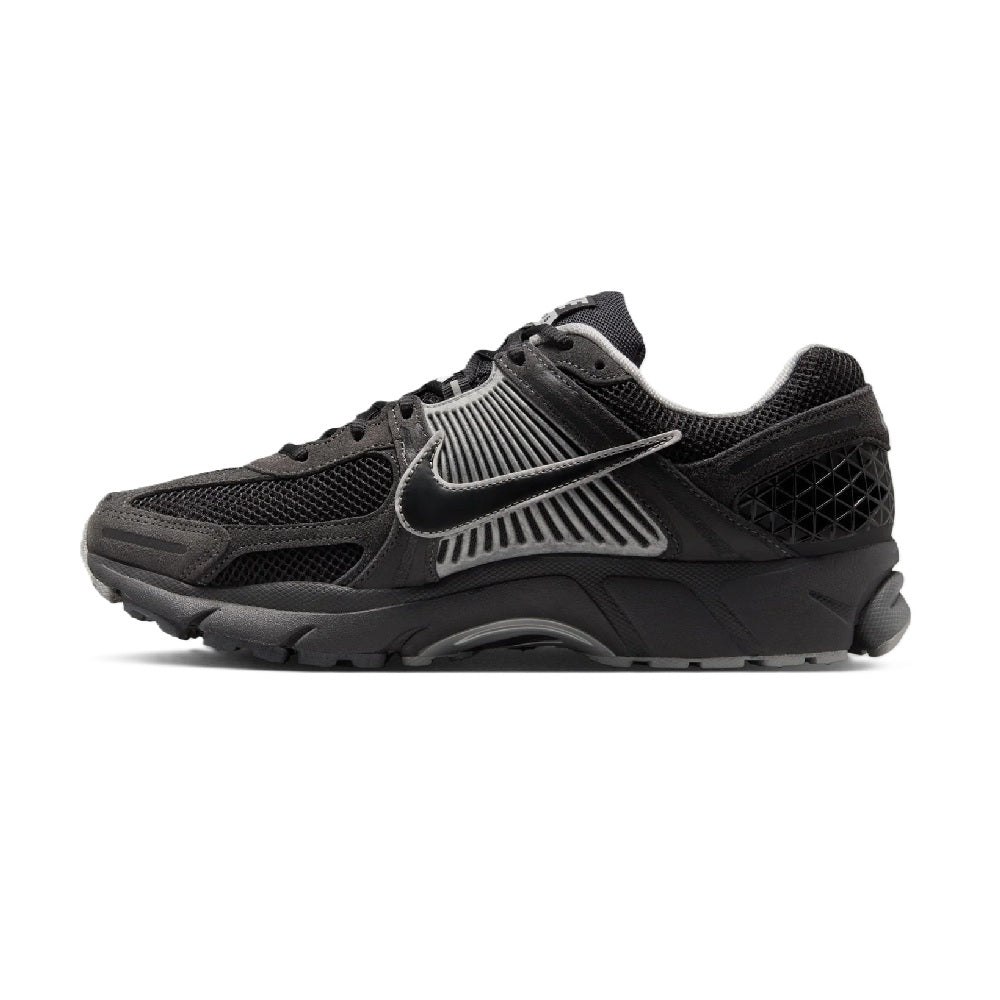 Men's Nike Zoom Vomero 5 running sneakers, side view, black with dark gray accents