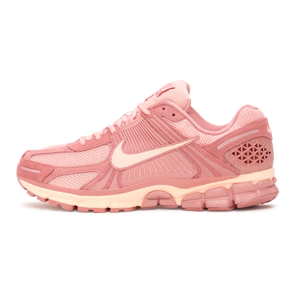 Men's Nike Zoom Vomero 5 running shoe, pink with white swoosh and chunky sole