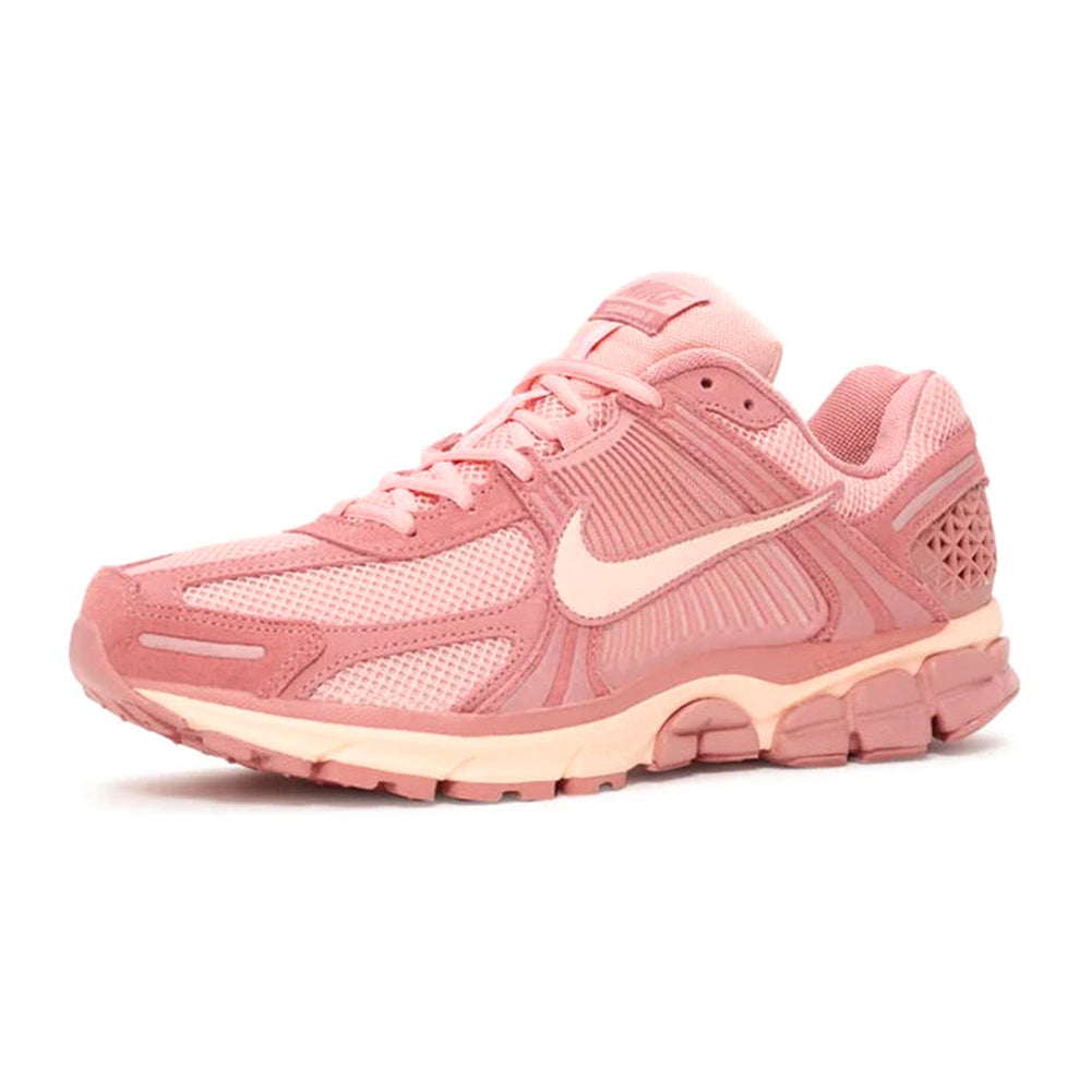 Men's Nike Zoom Vomero 5 running shoe, pink knit upper and white swoosh