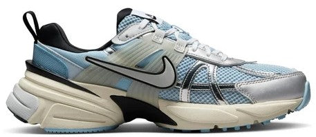 Women's Nike V2K Run sneakers side view, light blue plaid panels and silver Swoosh