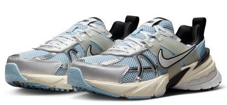Women's Nike V2K Run sneakers, light blue and silver lace-ups with black heel detail