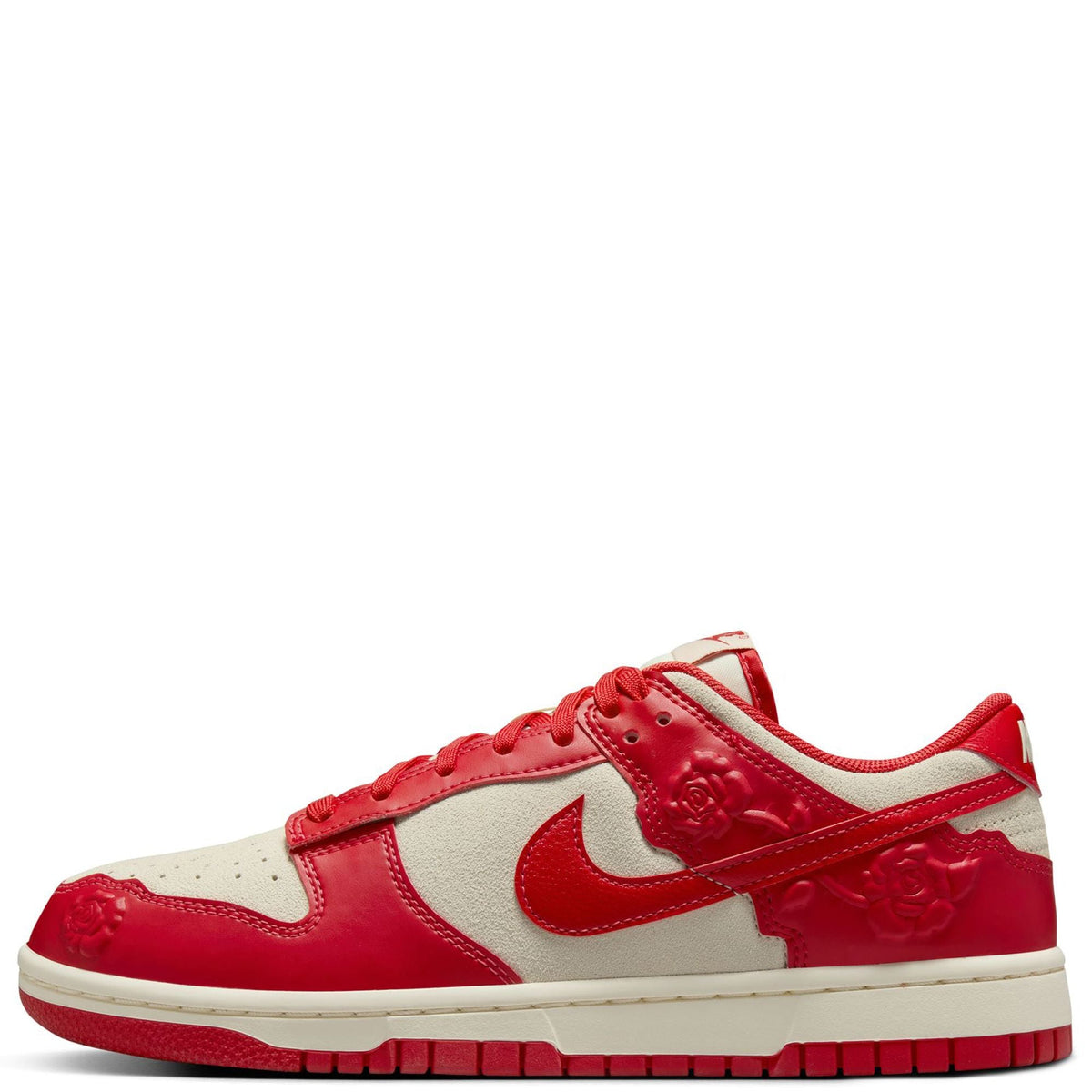 Nike Dunk Low sneakers in red and coconut milk with embossed rose details