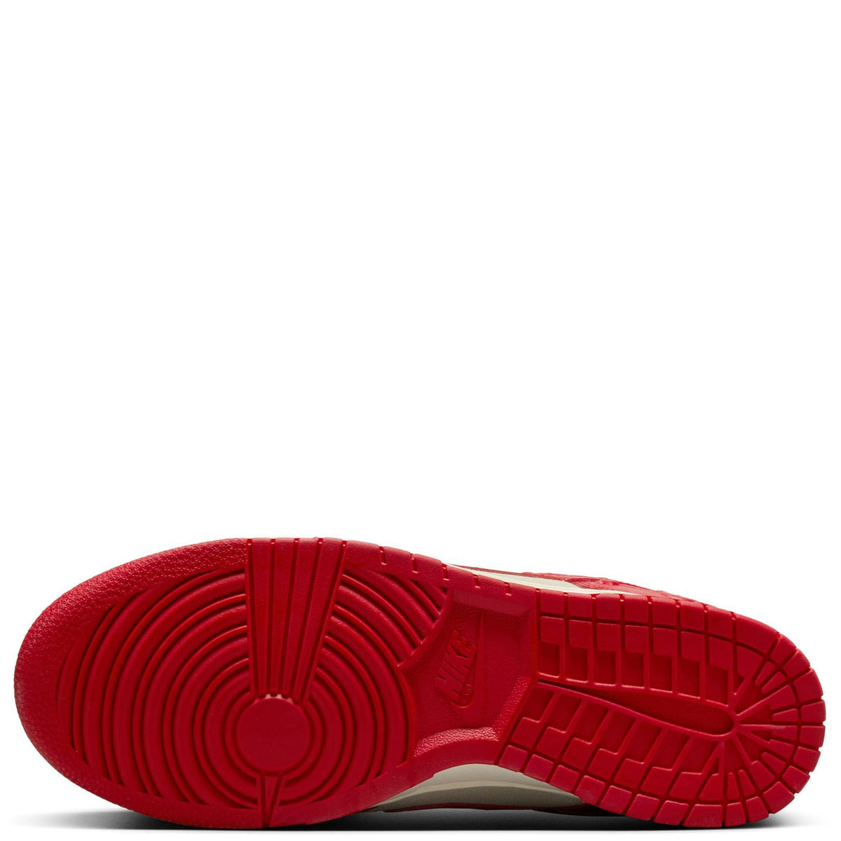 Nike Dunk Low outsole, red rubber tread with raised heel traction pattern