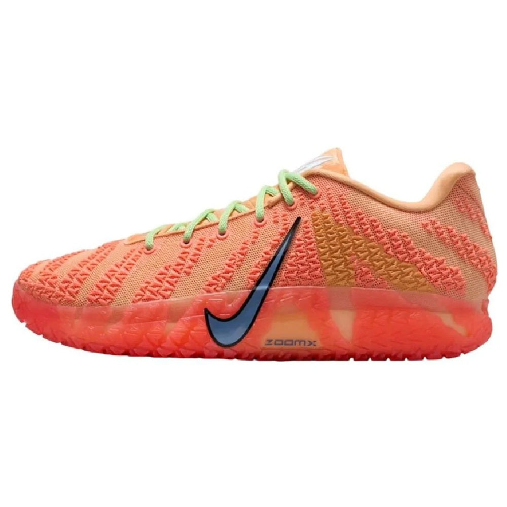 Nike Ja 3 basketball sneaker, coral knit upper, green laces, navy swoosh