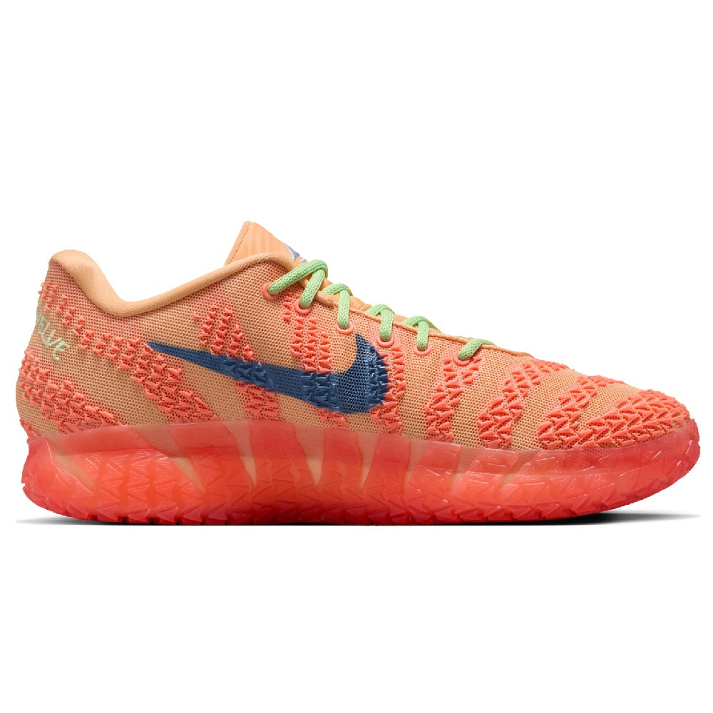 Nike Ja 3 basketball sneaker, coral knit side, green laces, navy swoosh, clear sole