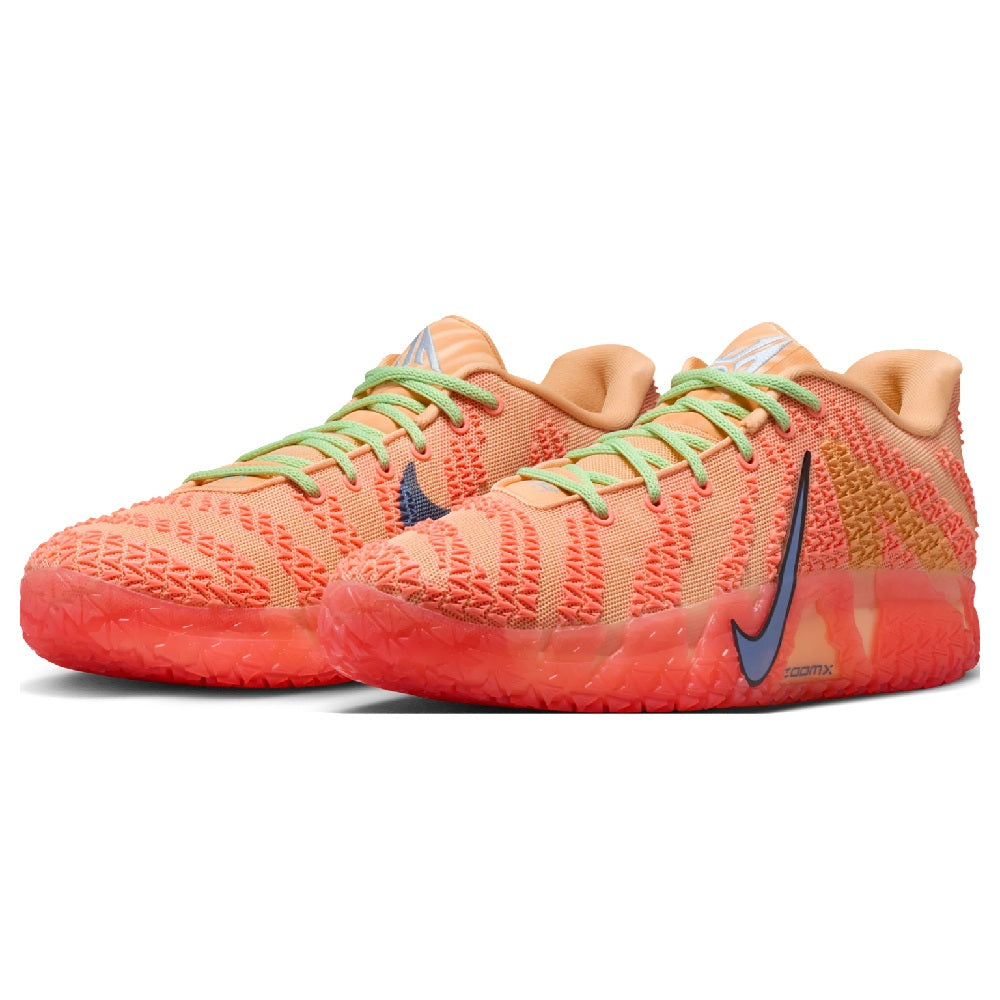 Nike Ja 3 basketball sneaker, coral knit, green laces, navy swoosh, orange outsole