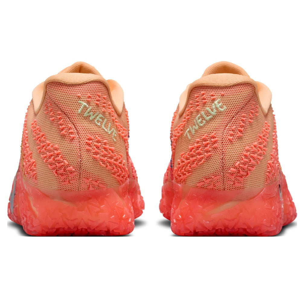 Nike Ja 3 sneakers, rear view: coral knit with green laces and translucent heel