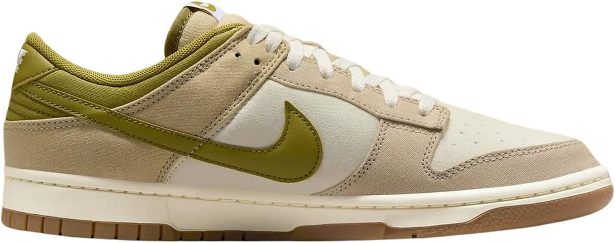 Nike Dunk Low low-top sneakers with olive swoosh, cream panels, and gum outsole.