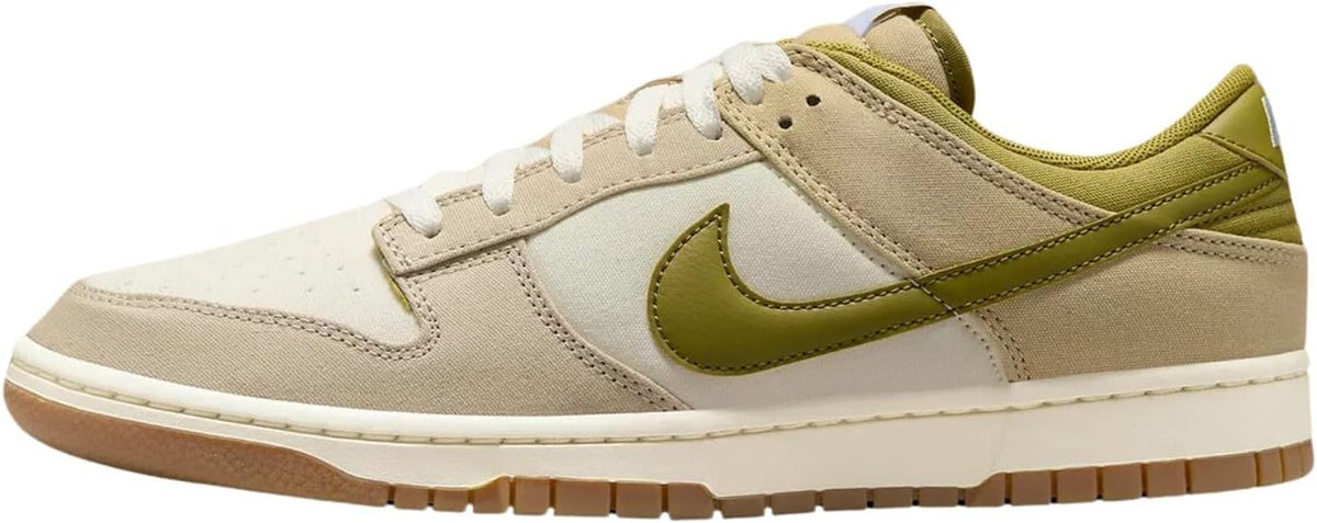 Men's Nike Dunk Low sneakers in cream and olive with white laces and gum sole.