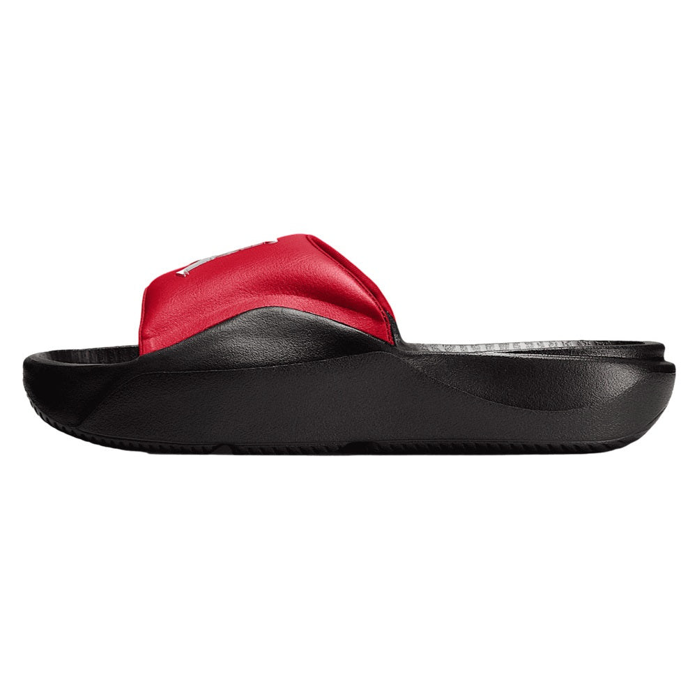 Kids slide sandals with red padded strap and black contoured footbed