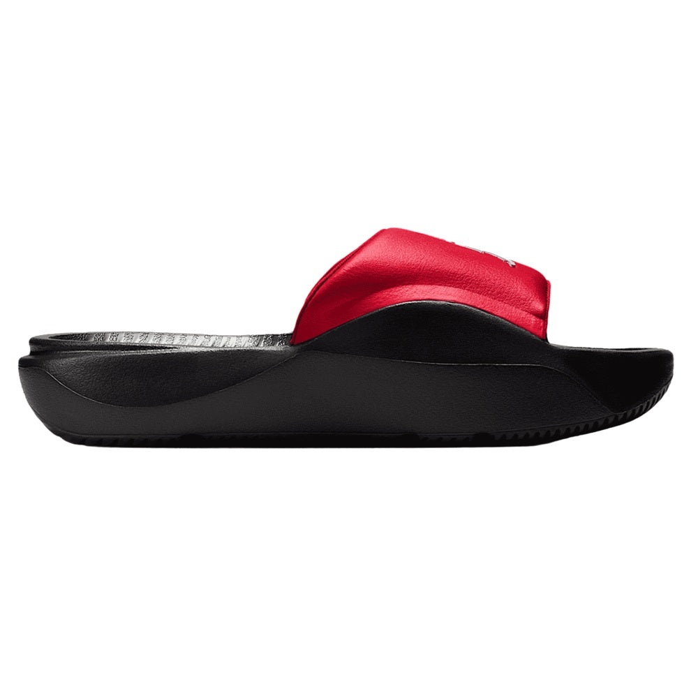 Kids slide sandals with red upper, black outsole, and white Jordan logo on strap