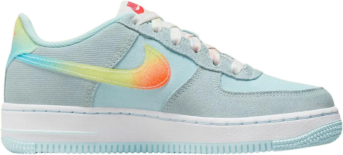 Kids' Nike Air Force 1 low-top sneakers, light blue with orange swoosh and white midsole