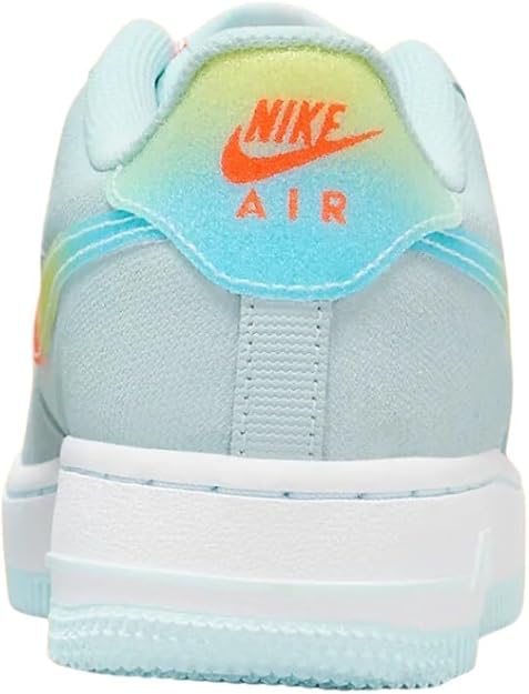 Kids' Nike Air Force 1 sneakers back view, light blue heel with NIKE AIR patch