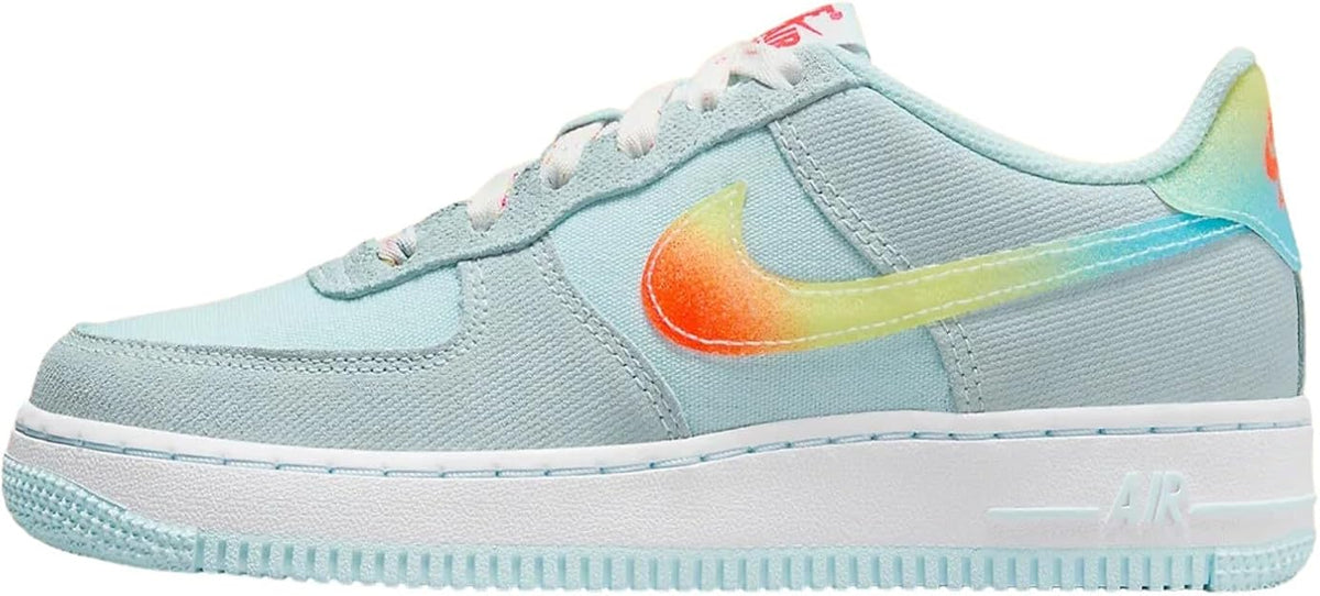 Kids' Nike Air Force 1 sneakers, light blue with orange/green swoosh and white sole