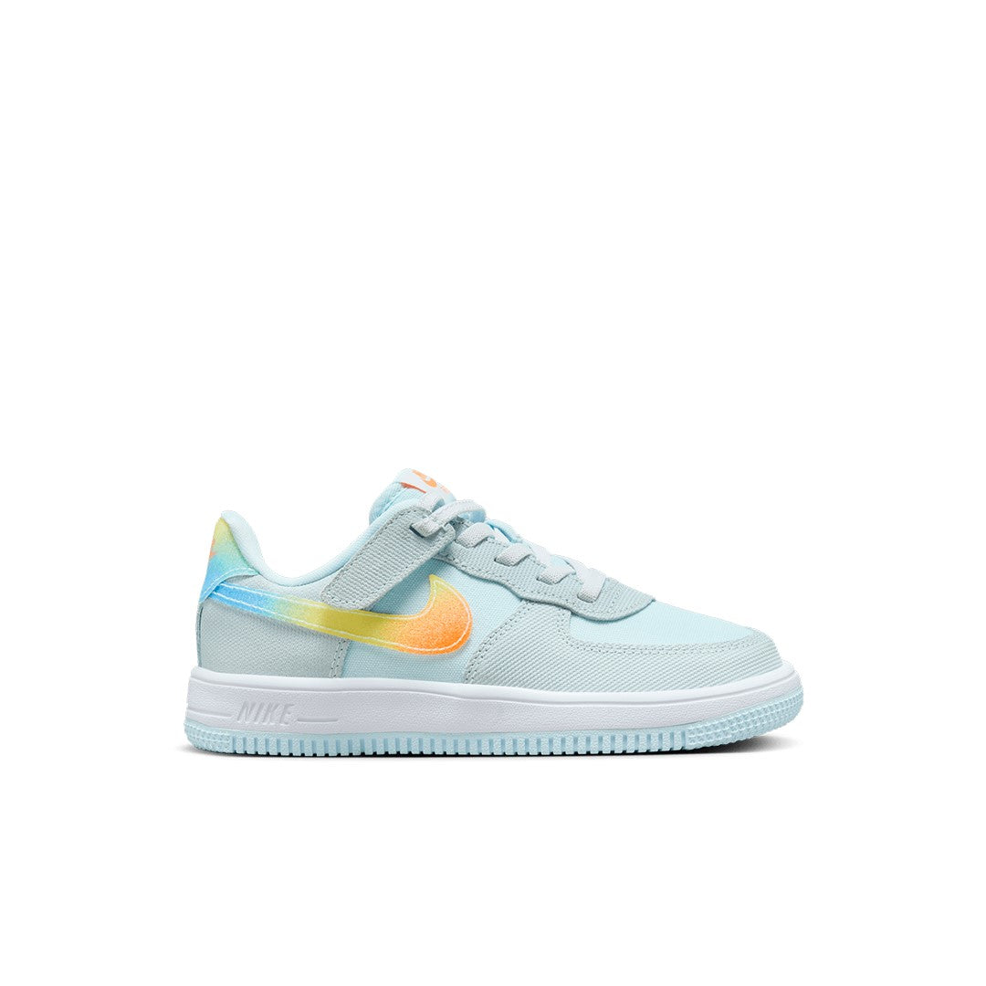 Kids Nike Force 1 Low EasyOn light blue sneaker with orange Swoosh and grippy sole