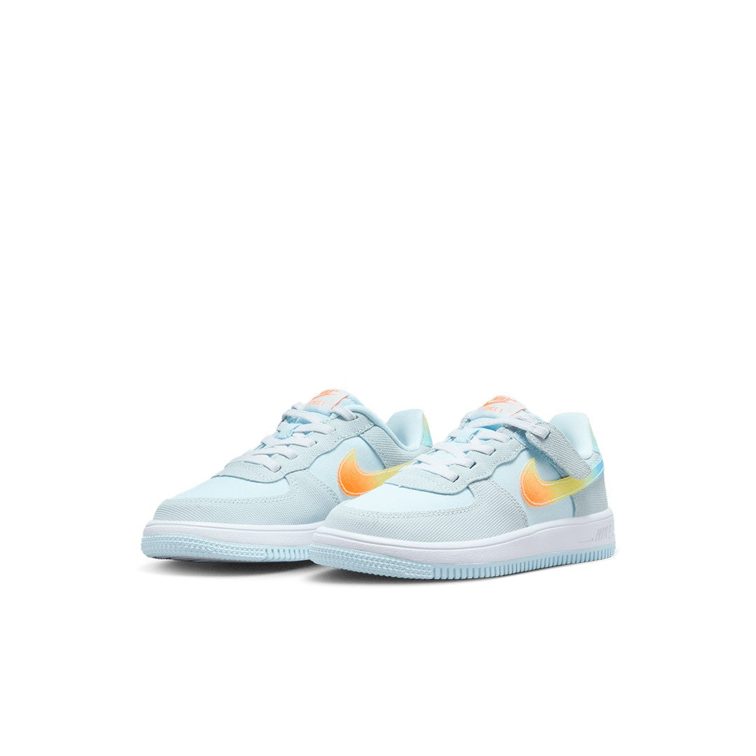 Pair of kids Nike Force 1 Low EasyOn light blue sneakers with orange Swoosh