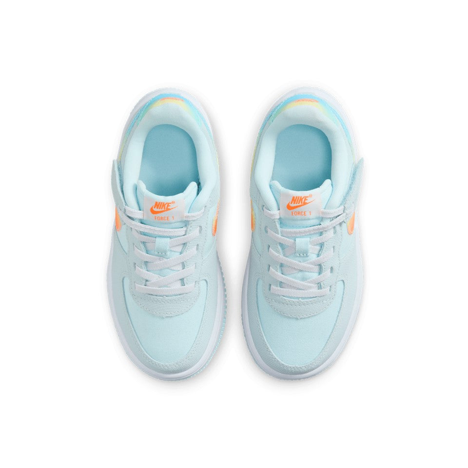 Kids Nike Force 1 Low EasyOn light blue sneakers heel view with orange logo accents