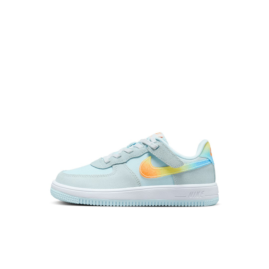 Kids Nike Force 1 Low EasyOn light blue sneaker with orange Swoosh side view