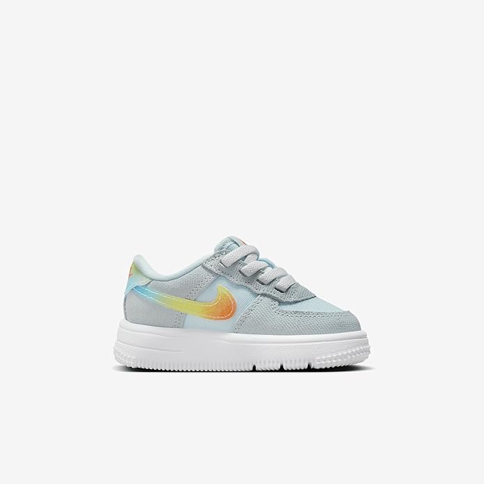 Toddler's light-blue Nike Air Force 1 Low sneakers, side view with orange swoosh
