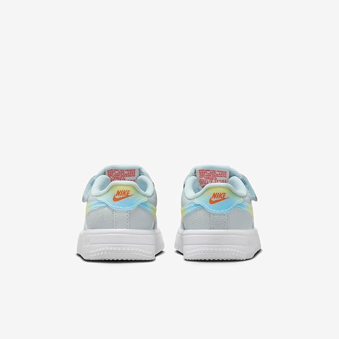 Toddler's Nike Air Force 1 Low sneakers, back view with red Nike heel logo