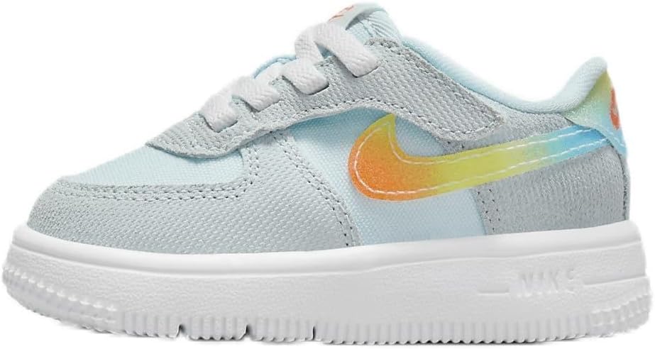 Toddler's Nike Air Force 1 Low sneakers in light blue with orange/yellow swoosh