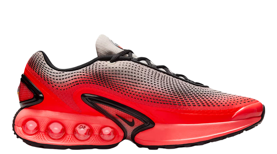 Men's Nike Air Max DN SE sneakers, red mesh side panel, black swoosh, Air pods