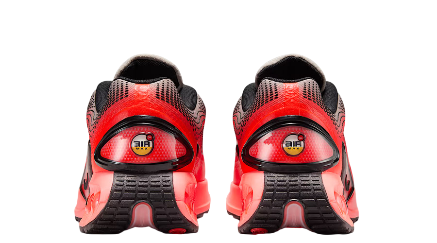 Men's Nike Air Max DN SE sneakers, black heel with red Air logo window, mesh toe