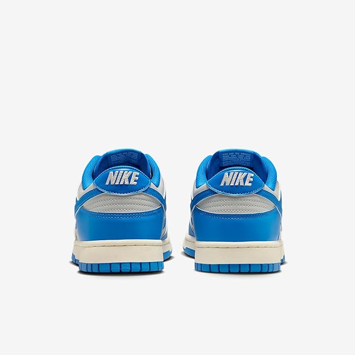 Nike Dunk low-top sneakers, blue heels with NIKE branding on back and gray collars