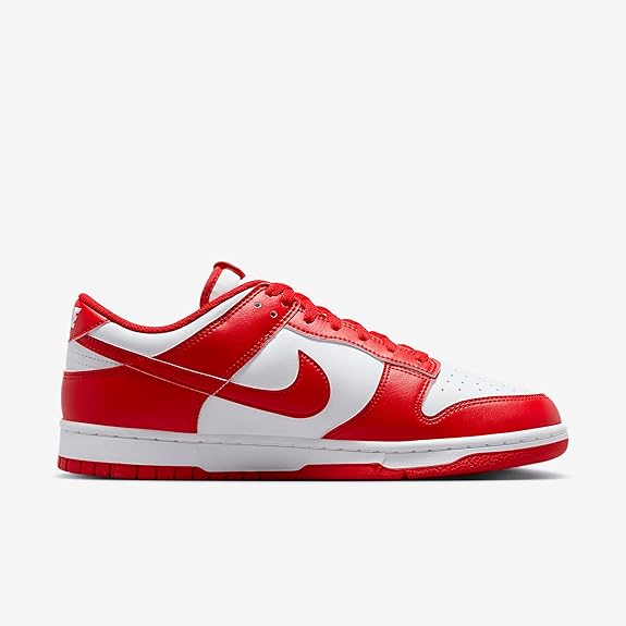 Nike Dunk Low low-top sneakers, red upper with white panels and Swoosh logo