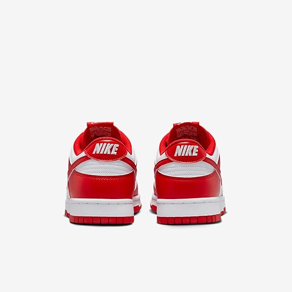 Nike Dunk Low sneakers with heel branding and NIKE back tab, red and white