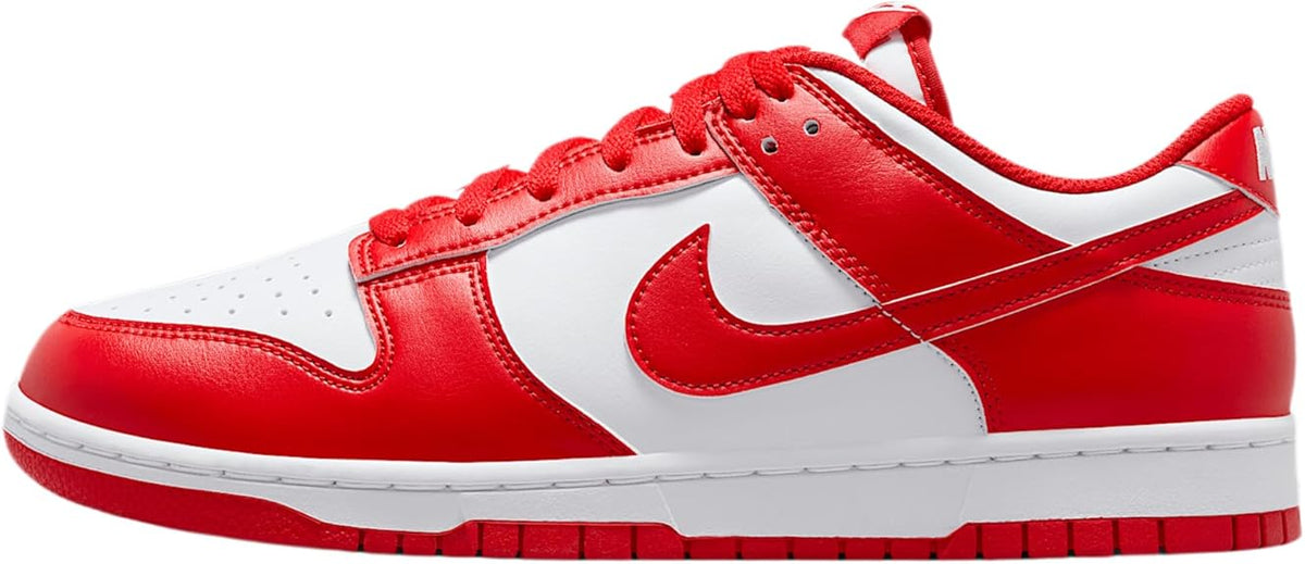 Nike Dunk Low low-top sneakers in red and white with Swoosh logo and laces