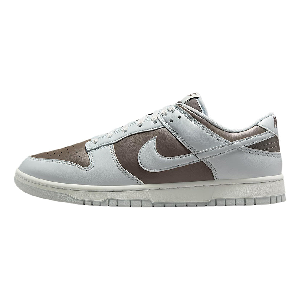 Low-top sneakers with light gray leather and brown paneling, Nike swoosh