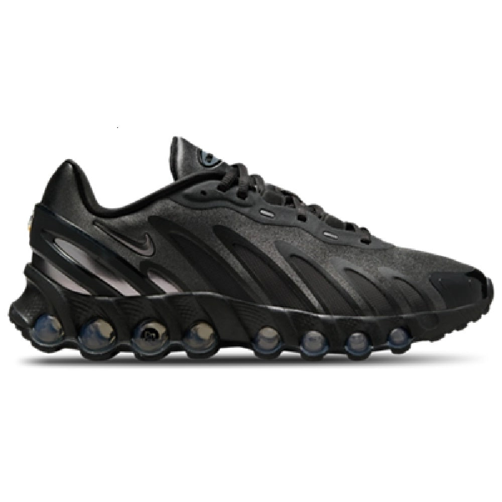 Nike Air Max DN8 running shoe in dark black and dark gray, with air-cushioned sole