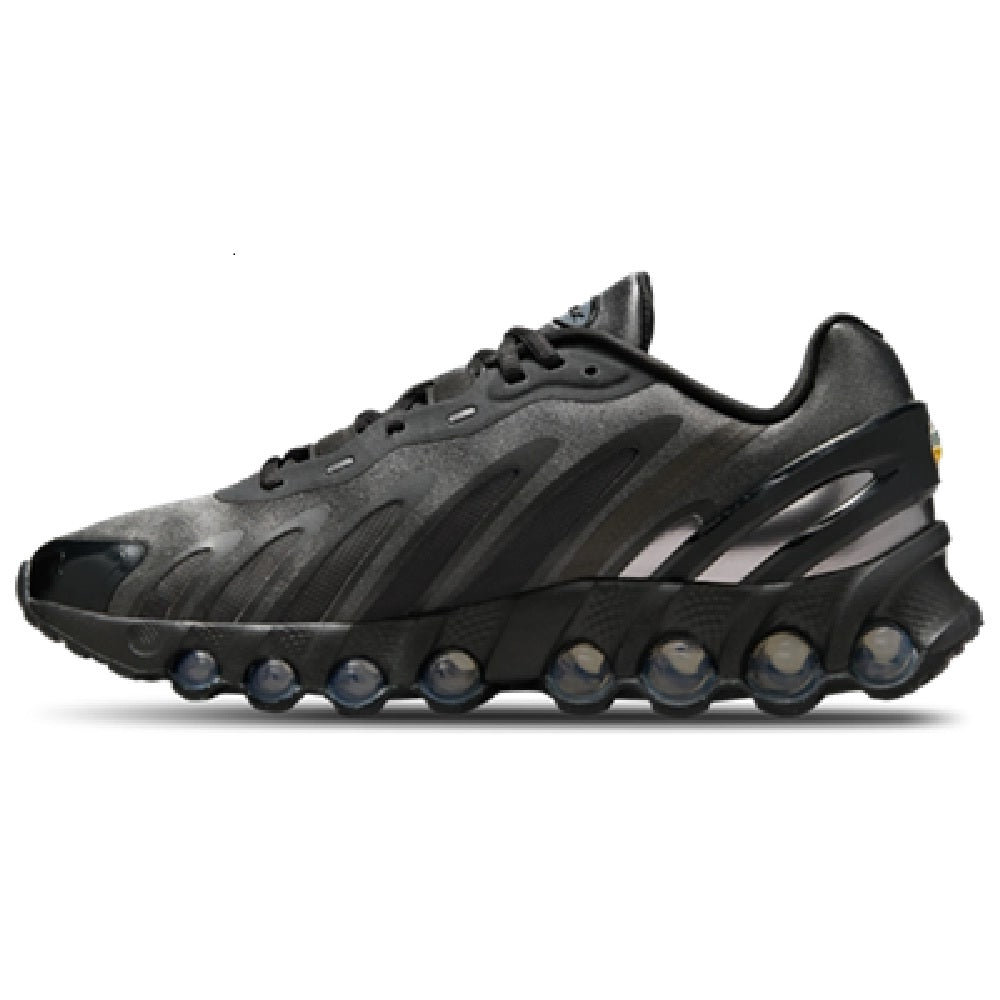 Nike Air Max DN8 sneaker with dark gray upper, black accents, and blue-toned air pods