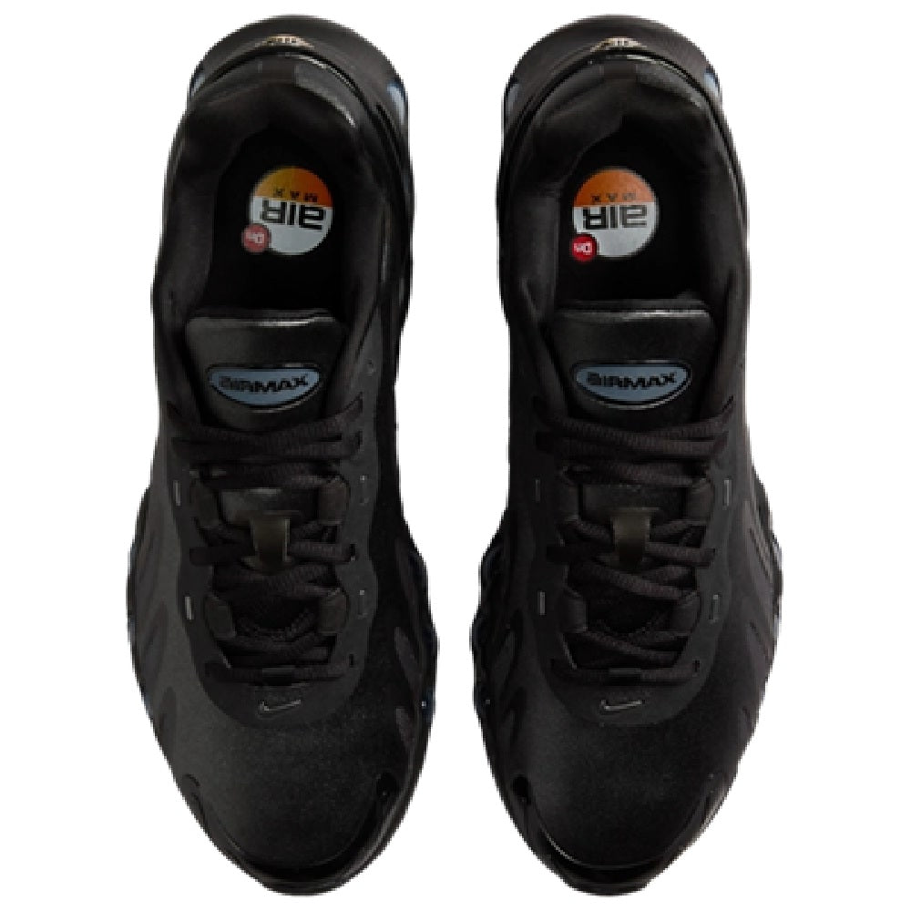 Nike Air Max DN8 shoes front view with laces and tongue labels in dark colors
