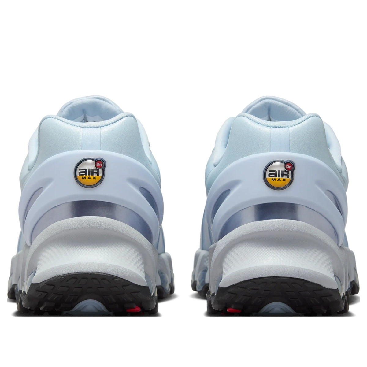 Light blue Nike Air Max DN8 heel view with Air Max badge and padded collar