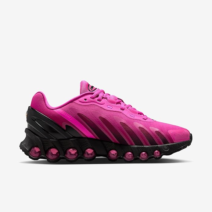 Women's Nike Air Max DN8 sneaker, laser fuchsia upper with black heel and chunky tread