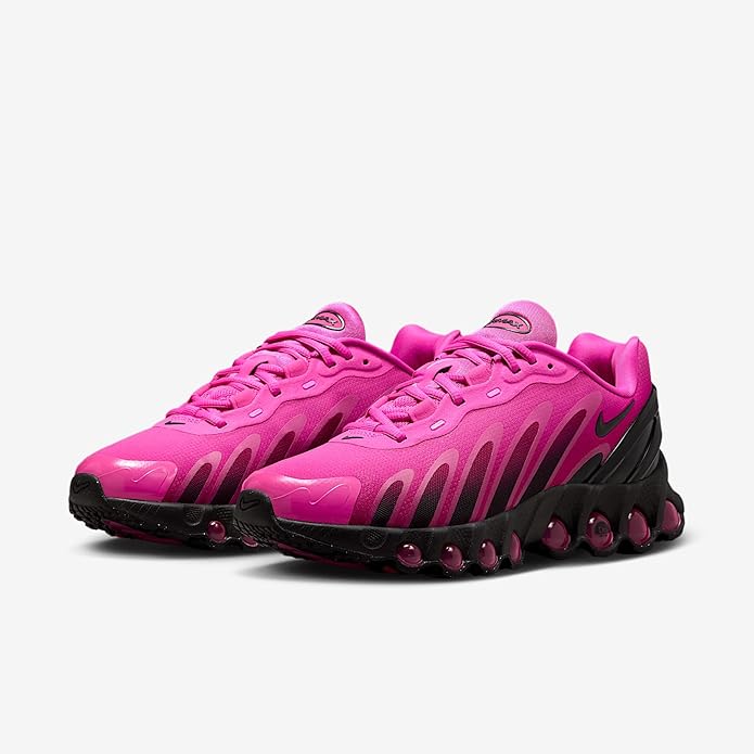 Women's Nike Air Max DN8 sneaker with laser fuchsia upper, dual laces, and black sidewall