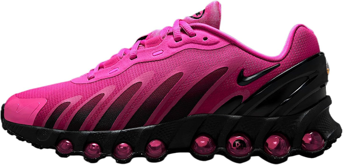 Women's Nike Air Max DN8 sneaker in laser fuchsia with black overlays and fuchsia laces