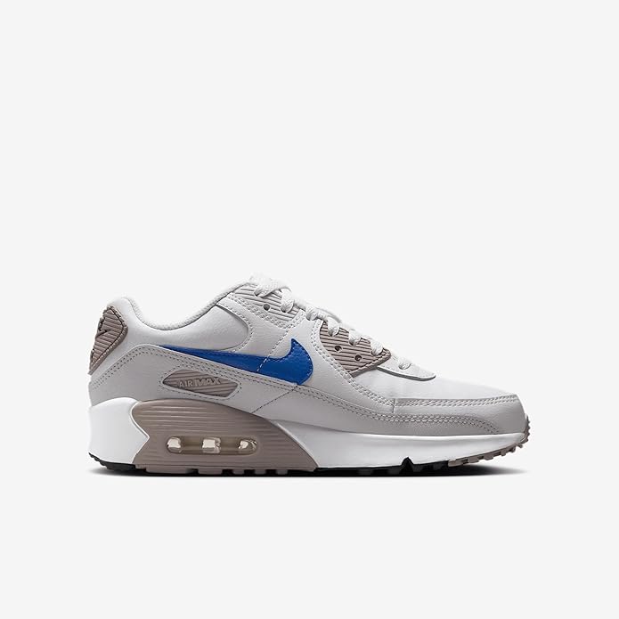 Big kid's Nike Air Max 90 sneakers, white upper with blue swoosh and gray heel detail