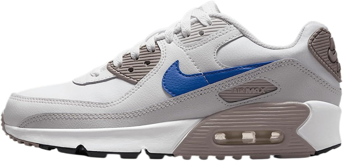 Big kid's Nike Air Max 90 sneakers, white leather with blue swoosh and air window