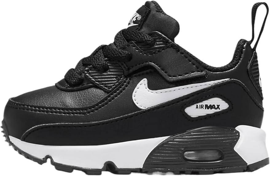 Toddler Nike Air Max 90 Easyon black and white sneakers, front view with laces
